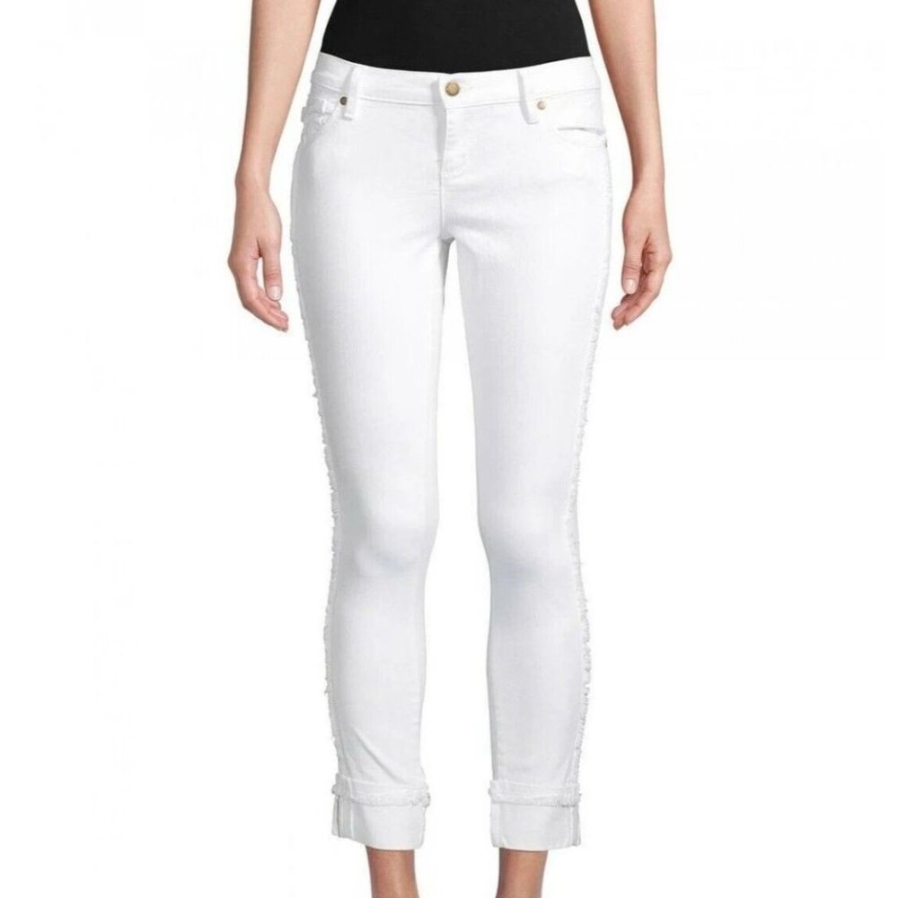 Karl Lagerfeld 16 NEW Womens White Fringe Cropped Jeans Cuffed